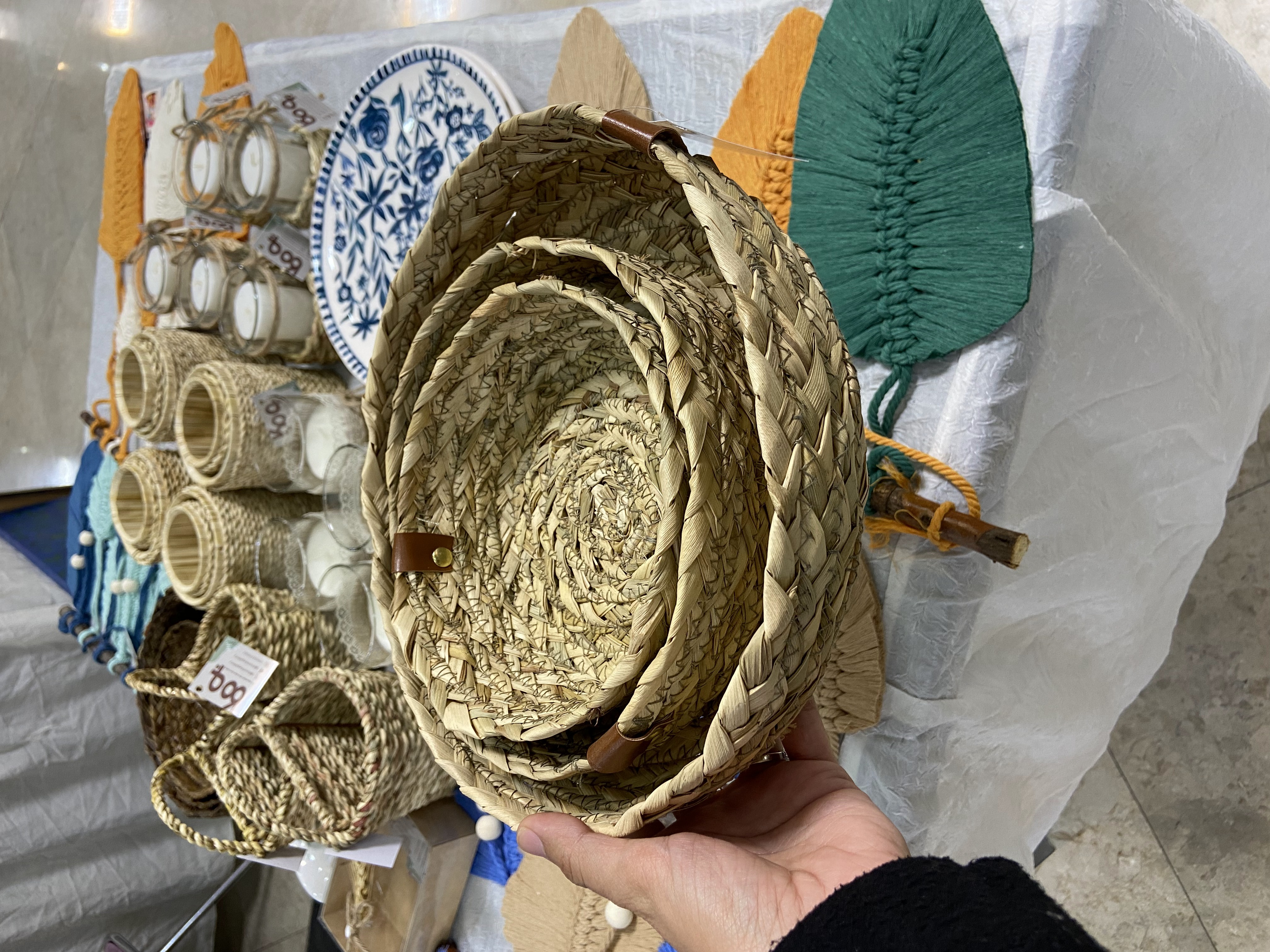 ست 2 تکه سبد حصیری مناسب نان و سبزی، رنگ کرم